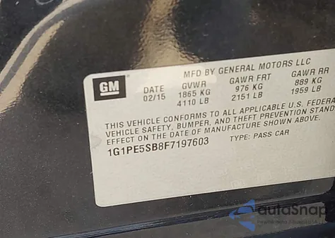 2015 Chevrolet Cruze 2Lt Auto z USA, uszkodzony, nr VIN 1G1PE5SB8F7197603